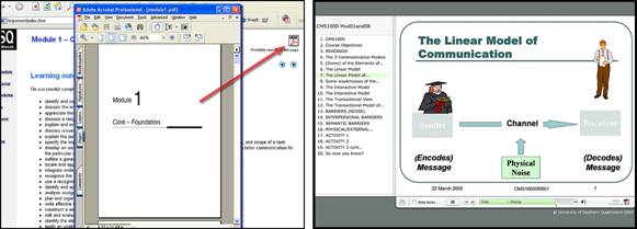 Figures 2 (left) and 3 (right): Two screen captures of the CMS1000 Transmodal environment showing the printable version of the materials and a multimedia enhancement (Breeze presentation)